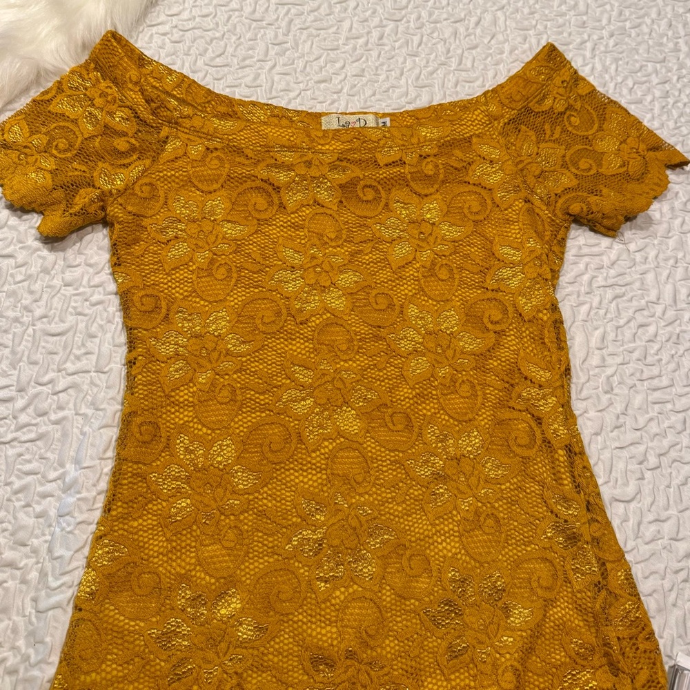 Mustard Yellow Lace Off-Shoulder Dress
